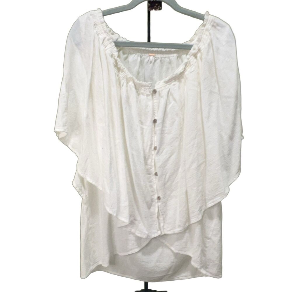 Free People Women White Off Shoulder Flutter Sleeve Tunic Blouse Ruffle Button L